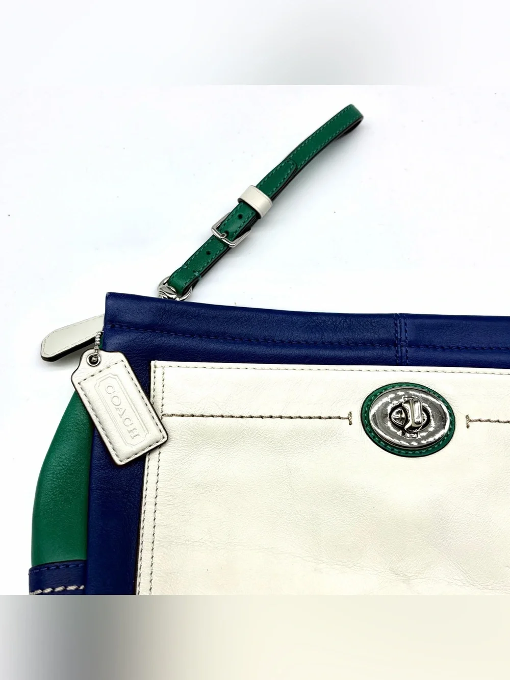 Coach Navy, White & Green Leather Color Block Large Wristlet Clutch Bag Zip Lock